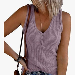 MEROKEETY Women’s Small Purple Ribbed Henley Tank Top